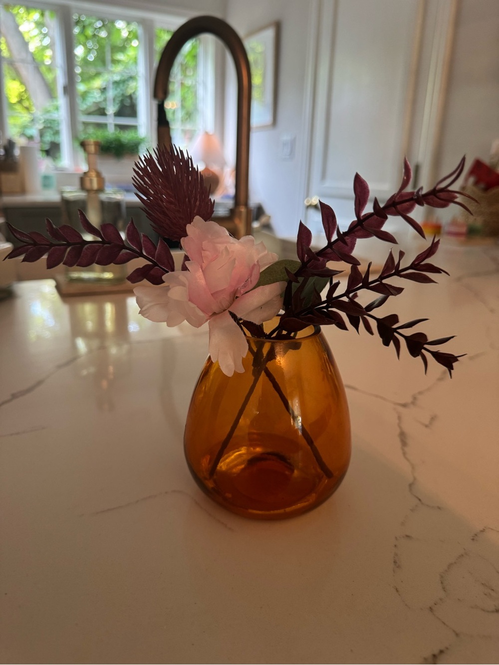 Amber Glass Bud Vase with Pink Floral Accent - Unbranded